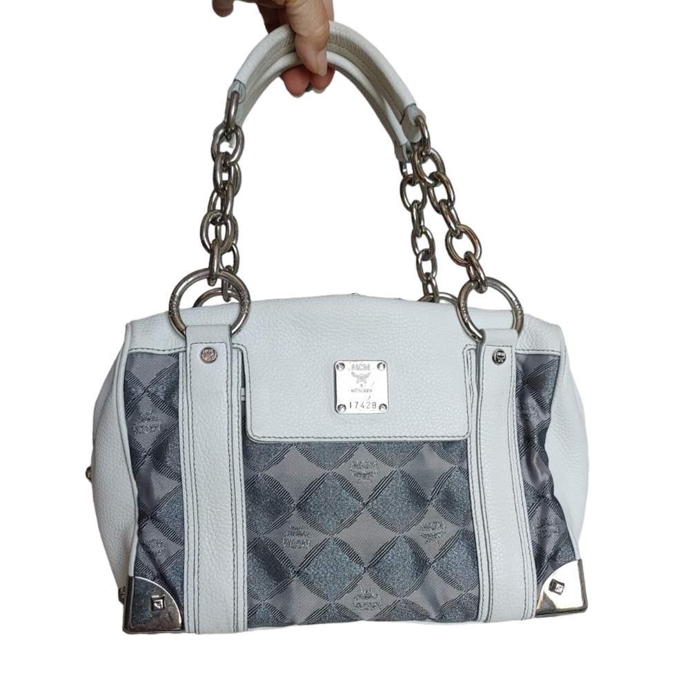 MCM White Leather & Gray Monogram Fabric Boston Bag